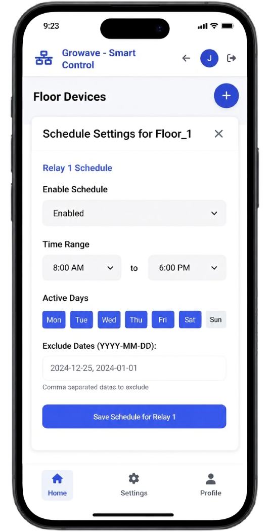 Advanced schedule configuration app screen